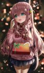  1girl :d bangs blurry blurry_background blush bocchi_the_rock! christmas christmas_tree cowboy_shot crossed_bangs cube_hair_ornament dubeaduver embarrassed gift giving gotou_hitori green_eyes hair_ornament hair_over_shoulder hand_on_own_face highres holding holding_gift indoors jacket light long_hair long_sleeves looking_to_the_side night one_eye_closed open_mouth pink_hair pink_jacket plaid_scard pleated_skirt purple_skirt red_scarf scarf sidelocks skirt smile snowflakes solo standing sweatdrop track_jacket window 