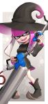  1girl absurdres bangs black_dress black_footwear black_headwear blunt_bangs boots border breasts commentary_request dress e-liter_4k_(splatoon) fangs full_body gonzarez grey_background gun halloween_costume hand_up hat highres holding holding_gun holding_weapon inkling inkling_girl long_hair long_sleeves looking_at_viewer medium_breasts open_mouth outside_border pink_eyes pink_hair pointy_ears sidelocks simple_background smile solo splatoon_(series) splatoon_2 splatter_background standing teeth tentacle_hair two-sided_fabric weapon white_border wide_sleeves witch_hat 