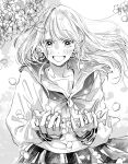  1girl :d bangs blush cherry_blossoms collarbone cupping_hands flower greyscale happy highres holding holding_petal long_hair long_sleeves looking_at_hand looking_at_object monochrome neckerchief open_mouth original outdoors own_hands_together petals pleated_skirt sailor_collar saitou_shiori_(pixiv14549321) school_uniform serafuku sketch skirt sleeve_cuffs smile solo wind 