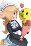  1girl :d apron bangs black_dress blonde_hair blue_eyes blush bouquet bow choker commentary_request dress earrings eyelashes flower gonzarez hair_over_one_eye hands_up hat high_heels highres holding holding_bouquet holding_flower jewelry lips long_hair long_sleeves looking_at_viewer luma_(mario) mario_kart mario_kart_tour multicolored_clothes multicolored_dress official_alternate_costume one_eye_covered open_mouth parted_bangs red_choker red_flower rosalina seiza shoes sidelocks simple_background sitting smile star_(symbol) star_choker star_earrings striped striped_dress super_mario_bros. swept_bangs tulip vertical-striped_dress vertical_stripes waist_apron white_apron white_background white_bow white_headwear yellow_flower yellow_footwear 