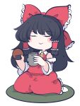  1girl ascot bare_shoulders black_hair blush_stickers bow closed_eyes closed_mouth cup detached_sleeves food fried_rice0614 hair_bow hair_tubes hakurei_reimu highres holding holding_cup holding_food japanese_clothes long_hair nontraditional_miko one-hour_drawing_challenge red_bow red_skirt ribbon-trimmed_sleeves ribbon_trim sidelocks simple_background skirt smile solo touhou white_background white_sleeves wide_sleeves yellow_ascot 