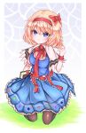 1girl absurdres alice_margatroid black_thighhighs blonde_hair blue_dress blue_eyes blush book closed_mouth dress highres holding holding_book looking_at_viewer on_floor red_ribbon ribbon seiza short_hair sitting solo thigh-highs touhou yuzak 