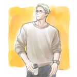  1boy blonde_hair brown_sweater cowboy_shot cup disposable_cup glasses highres holding holding_cup jujutsu_kaisen long_sleeves male_focus moco_(srtnst) short_hair simple_background solo standing sweater watch watch 