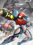  1girl arm_cannon arm_up armor beak clenched_hand commentary_request e.m.m.i._(metroid) feet_out_of_frame full_armor glowing glowing_eye gonzarez grey_background hand_up helmet highres metroid metroid_dread power_armor power_suit power_suit_(metroid) raven_beak_(metroid) robot samus_aran science_fiction talons weapon 