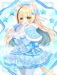  1girl :d animal_ear_fluff animal_ears beret black_hair blonde_hair blue_bow blue_capelet blue_headwear blue_skirt blush bow box breasts capelet cat_ears cat_girl cat_tail center_frills commentary_request frills fur-trimmed_capelet fur_trim gift gift_box green_eyes grey_pantyhose hair_ornament hairclip hands_up hat highres holding holding_gift long_hair long_sleeves looking_at_viewer medium_breasts multicolored_hair original pantyhose shikito shirt skirt sleeves_past_wrists smile solo star_(symbol) star_hair_ornament streaked_hair tail very_long_hair white_shirt 
