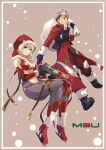  1girl absurdres android bikini blonde_hair blue_eyes boots christmas coat dress gloves gun hair_between_eyes hat highres ishiyumi joints mechanical_arms mechanical_buddy_universe mechanical_legs mechanical_parts merry_christmas momdroid_(mechanical_buddy_universe) mother_and_son orange_eyes overcoat robot_joints santa_bikini santa_boots santa_costume santa_dress santa_gloves santa_hat scar scar_on_face short_hair son_of_droid_(mechanical_buddy_universe) submachine_gun swimsuit tactical_clothes weapon yellow_eyes 