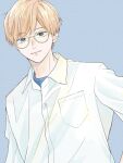  1boy bangs blonde_hair blue_eyes blue_shirt closed_mouth collared_shirt commentary furusato_kou glasses highres light_blue_background long_sleeves looking_at_viewer open_collar original pocket shirt short_hair solo symbol-only_commentary t-shirt upper_body white_shirt yellow-framed_eyewear 