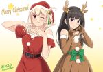  2girls :3 animal_costume animal_ears antlers bangs black_hair blonde_hair bob_cut brown_dress brown_gloves commentary_request cowboy_shot deer_ears diesel-turbo dress fake_animal_ears fake_antlers fur-trimmed_dress fur-trimmed_headwear fur_trim gloves gradient gradient_background hair_ribbon hat heart heart_hands highres inoue_takina long_hair looking_at_viewer lycoris_recoil merry_christmas multiple_girls nishikigi_chisato one_eye_closed red_eyes red_headwear red_ribbon reindeer_antlers reindeer_costume ribbon santa_dress santa_hat short_hair violet_eyes yellow_background 