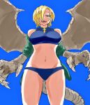 bangs blonde_hair boku_no_hero_academia dragon_claw dragon_wings green_jacket i_yo_ka looking_at_viewer looking_down ryuukyuu sharp_teeth swimsuit