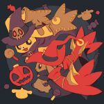  brown_gloves candy cape closed_mouth digimon digimon_(creature) extyrannomon food gloves halloween halloween_costume highres open_mouth pumpkin purple_cape purple_headwear red_cape red_gloves red_headwear terriermon 