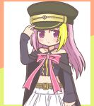  1girl arm_up arm_warmers belt black_cape black_headwear black_shirt black_sleeves blonde_hair blush cape closed_mouth cosplay crop_top detached_sleeves hand_on_headwear hat long_hair magia_record:_mahou_shoujo_madoka_magica_gaiden magical_girl mahou_shoujo_madoka_magica misono_karin pink_ribbon pleated_skirt purple_hair reverse_(bluefencer) ribbon shirt skirt solo standing violet_eyes white_skirt 