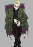  1boy absurdres armchair black_pants black_shirt blonde_hair chair coat feet_out_of_frame from_above goggles green_coat grey_background highres jujutsu_kaisen looking_at_viewer male_focus nanami_kento pants shirt short_hair solo tcm_(lk028) watch watch 