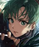  1girl bangs black_gloves blurry blurry_background clenched_hand close-up earrings fingerless_gloves fire_emblem fire_emblem:_the_blazing_blade gloves green_eyes green_hair highres jewelry long_hair looking_at_viewer lyn_(fire_emblem) maze_draws parted_bangs parted_lips ponytail solo twitter_username water_drop 
