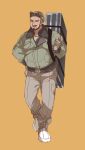  1boy alolan_golem beard boots coat facial_hair gloves goggles goggles_on_head grey_jacket highres jacket jewelry long_sleeves male_focus mustache necklace orange_background pants personification pokemon red_eyes short_hair solo standing white_footwear woborou 
