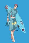 1boy abs barefoot blue_background blue_hair earclip fang feraligatr highres jewelry lip_ring looking_at_viewer male_focus personification pokemon redhead ring sandals short_hair solo surfboard tattoo toned toned_male woborou wristband yellow_eyes 