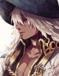  1boy arch_bishop_(ragnarok_online) black_headwear black_shirt closed_mouth collared_shirt commentary_request cross dark-skinned_male dark_skin dated expressionless gold_choker hat long_hair looking_afar male_focus messy_hair open_clothes open_shirt pectoral_cleavage pectorals pink_eyes portrait ragnarok_online shirt signature simple_background solo tokio_(okt0w0) white_background white_hair witch_hat 