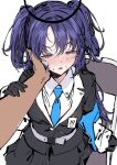  1girl 1other ame_(uten_cancel) bangs belt blue_archive blue_necktie blush collared_shirt half-closed_eyes halo hand_on_another&#039;s_cheek hand_on_another&#039;s_face highres name_tag necktie open_mouth pov purple_hair shirt short_twintails simple_background sitting sweat twintails white_background white_shirt yuuka_(blue_archive) 