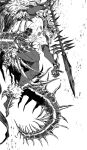  1boy absurdres betushio bodypaint claws closed_mouth cu_chulainn_(fate) cu_chulainn_alter_(fate) elbow_gloves facepaint fate/grand_order fate_(series) gae_bolg_(fate) gloves highres holding holding_polearm holding_weapon long_hair male_focus monochrome monster_boy muscular muscular_male pants polearm skin_tight solo tail weapon 