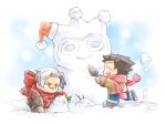 2boys ace_attorney blue_badger boots brown_hair christmas closed_eyes coat full_body grey_eyes grey_hair hat holding holding_shovel looking_at_object male_focus miles_edgeworth mittens multiple_boys open_mouth outdoors pants phoenix_wright red_scarf santa_hat scarf short_hair shovel smile snow snow_sculpture snowman uni050520 winter winter_clothes winter_coat 