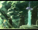  1boy blonde_hair blue_tunic blurry blurry_foreground boots brown_footwear forest gloves grass highres letterboxed link low_ponytail male_focus medium_hair nature outdoors planted planted_sword pointy_ears sidelocks solo sunlight sword the_legend_of_zelda the_legend_of_zelda:_breath_of_the_wild tree triforce twitter_username weapon yayoi_(chepiiii23) 