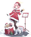  bell blue_archive boots christmas dress gift gloves halo hat looking_at_viewer official_art pink_hair red_dress santa_hat serina_(blue_archive) serina_(christmas)_(blue_archive) sheet_music stuffed_animal stuffed_toy tachi-e teddy_bear transparent_background white_footwear 