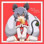 1girl absurdres animal_ears english_text gift grey_hair highres liner41 long_sleeves merry_christmas mouse_ears mouse_girl mouse_tail nazrin red_background red_eyes sack santa_costume scarf sitting smile solo tail touhou yellow_scarf 