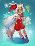  1girl animal_ears aqua_background artist_name bangs black_footwear boots capelet christmas commentary dark-skinned_female dark_skin facial_mark fang fox_ears fox_tail fur-trimmed_capelet fur_trim grey_hair hair_ornament hat highres holding holding_sack jumpsuit looking_at_viewer mitake_eil open_mouth original over_shoulder red_capelet red_eyes red_jumpsuit sack santa_boots santa_costume santa_hat short_hair short_jumpsuit signature skin_fang solo standing star_(symbol) star_hair_ornament tail tilted_headwear wristband 