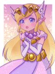  1girl belt blonde_hair dress elbow_gloves eyelashes gloves hair_ornament highres jewelry long_hair necklace nonoworks open_mouth own_hands_together pointy_ears princess_zelda purple_dress signature solo the_legend_of_zelda the_legend_of_zelda:_spirit_tracks tiara violet_eyes white_gloves 