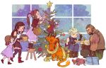  3boys 3girls aerith_gainsborough animal armor bangle bangs bare_shoulders barret_wallace basket beard black_bra black_hair black_skirt black_thighhighs blonde_hair blue_pants blue_shirt boots box bra bracelet braid braided_ponytail brown_hair brown_vest cait_sith_(ff7) cape cat chibi christmas christmas_ornaments christmas_tree cloud_strife crop_top cropped_jacket crown dark-skinned_male dark_skin decorating dress elbow_gloves facial_hair facial_mark facing_away feather_hair_ornament feathers female_child final_fantasy final_fantasy_vii final_fantasy_vii_remake fingerless_gloves flame-tipped_tail full_body gift gift_box gloves green_pants hair_ornament hair_ribbon highres holding holding_basket holding_box holding_ornament holding_ribbon indoors jacket jewelry lanimalu long_dress long_hair looking_at_another marlene_wallace mini_crown miniskirt multiple_boys multiple_girls orange_fur pants parted_bangs pink_dress pink_ribbon red_cape red_footwear red_jacket red_xiii redhead ribbon shirt short_hair short_sleeves shoulder_armor sidelocks sitting skirt sleeveless sleeveless_turtleneck snow spiky_hair sports_bra standing_on_another&#039;s_head stool suspenders swept_bangs thigh-highs tifa_lockhart tinsel turtleneck tying underwear very_short_hair vest white_background white_gloves window 