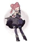  1girl ace_attorney bow closed_eyes clothes_lift dress dress_lift drill_hair full_body gloves grey_dress hair_rings haji_mgmg iris_wilson lifted_by_self long_hair long_sleeves open_mouth pantyhose pink_hair smile solo standing the_great_ace_attorney twintails 