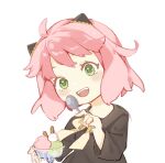  1girl :d ahoge anya_(spy_x_family) bangs food green_eyes hairpods hand_up highres holding holding_spoon ice_cream long_sleeves open_mouth pink_hair ribbon short_hair simple_background smile solo spoon spy_x_family teeth upper_teeth_only virno white_background yellow_ribbon 