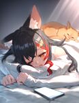  1girl animal animal_ears animal_on_back bangs black_hair blush cat cellphone commentary_request crossed_bangs hair_ornament half-closed_eyes hololive izumi_sai long_hair long_sleeves lying multicolored_hair on_bed on_stomach one_eye_closed ookami_mio open_mouth orange_eyes phone pillow redhead sleepy sleeves_past_wrists streaked_hair taiga_(ookami_mio) virtual_youtuber wolf_ears wolf_girl 