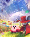  :d absurdres arm_up bell blue_eyes blush blush_stickers cake cake_slice cape cloak clouds colonnade column daroach day doc_(kirby) eyepatch field flower flower_field food fork fruit grass happy hat highres holding holding_fork jingle_bell kirby kirby_(series) kirby_squeak_squad maiga mouse no_humans open_mouth outdoors perara pillar pink_flower red_cape red_cloak red_flower red_footwear red_headwear red_shirt ruins shirt sky smile spinni squeakers storo strawberry strawberry_shortcake sunglasses suyasuyabi top_hat ufo watering watering_can yellow_flower 