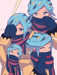  1boy arms_behind_head blue_eyes blue_hair blue_mittens blue_scarf closed_eyes commentary_request eyelashes grusha_(pokemon) hand_up highres jacket long_sleeves looking_up male_focus multiple_views pokemon pokemon_(game) pokemon_sv scarf scarf_over_mouth striped striped_scarf tyako_089 white_background yellow_jacket 