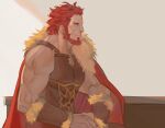  1boy armor beard bracer breastplate cape cleavage_cutout clothing_cutout commentary_request facial_hair fate/grand_order fate_(series) from_side fur-trimmed_cape fur_trim halorane highres iskandar_(fate) korean_commentary leather looking_to_the_side male_focus mature_male muscular muscular_male pectoral_cleavage pectorals red_eyes redhead short_hair smile solo stomach upper_body 
