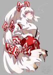  1girl arm_strap artist_name baggy_pants bangs blunt_bangs bow brbr_vrvr burnt_hair cigarette closed_mouth collared_shirt commentary cropped_legs from_side fujiwara_no_mokou grey_background hair_bow hand_on_hip highres long_hair long_sleeves looking_at_viewer ofuda ofuda_on_clothes pants pink_nails ponytail red_bow red_eyes red_pants shirt simple_background smoking solo suspenders touhou two-tone_bow very_long_hair white_bow white_hair white_shirt 
