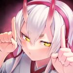  1girl blush dai_tokyo_oniyome-den dated hands_up harayukisodati horns index_finger_raised looking_at_viewer manaka_douji oni_horns pout red_background red_ribbon ribbon solo upper_body white_hair yellow_eyes 