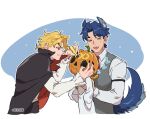  3boys animal_ears arm_strap black_cape blonde_hair blue_hair braid cape closed_eyes dio_brando english_commentary family fangs father_and_son giorno_giovanna halloween highres holding holding_marker honlo jack-o&#039;-lantern jojo_no_kimyou_na_bouken jonathan_joestar lifting_person long_hair long_sleeves looking_at_another male_focus marker multiple_boys pumpkin_hat shirt short_hair sleeping smile tail vampire vest werewolf white_shirt wolf_ears wolf_tail zzz 