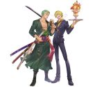  blonde_hair boots formal game_cg green_hair holding holding_sword holding_weapon official_art one_piece roronoa_zoro sanji_(one_piece) short_hair suit sword weapon 
