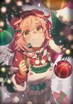 1girl angel_wings animal_ears apron arknights bow candy candy_cane cat_girl cat_tail christmas christmas_ornaments christmas_tree closed_mouth commentary fake_wings floppy_ears food goldenglow_(arknights) goldenglow_(night_loving_servant)_(arknights) green_hairband green_sweater hair_bow hair_rings hairband headband highres holding_ornament holly long_sleeves looking_up memetaroh pin pink_hair pom_pom_(clothes) print_hairband red_hairband red_sweater short_hair smile snow solo sweater tail tail_bow tail_ornament upper_body white_apron wings yellow_eyes 