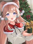  1girl :d artist_name bangs blue_hair bow-shaped_hair box capelet christmas christmas_tree commentary drawstring fur-trimmed_capelet fur_hairband fur_trim genshin_impact gift gift_box gradient_hair highres indoors light_blue_hair light_blush light_brown_hair long_hair long_sleeves looking_at_viewer multicolored_hair open_mouth pom_pom_(clothes) red_capelet sangonomiya_kokomi shirt sidelocks smile solo upper_body vickie_(cryingrobot) violet_eyes white_shirt window 