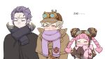  1girl 2boys ace_attorney bangs barok_van_zieks black_scarf blonde_hair blush closed_eyes closed_mouth coat drill_hair goggles goggles_on_head hat herlock_sholmes iris_wilson kohunhe_go long_hair long_sleeves mittens multiple_boys pink_hair pink_scarf purple_hair purple_scarf scar scar_on_face scarf scarf_over_mouth short_hair simple_background the_great_ace_attorney twintails upper_body white_background 