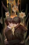  2boys absurdres bangs black_cloak black_hair black_jacket chinese_commentary cloak closed_eyes cocozha commentary_request flower flower_in_mouth highres hug implied_yaoi jacket kiss klein_moretti lord_of_the_mysteries multiple_boys nail nectar selfcest shirt short_hair water_drop white_shirt 