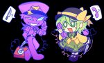1boy 1girl :d bangs black_background black_headwear bow bright_pupils chibi chinese_commentary colored_skin commentary_request crossover five_nights_at_freddy&#039;s frilled_shirt_collar frilled_skirt frills full_body green_eyes green_hair green_skirt grin hair_between_eyes hat hat_bow heart heart_of_string highres holding holding_knife holding_phone knife komeiji_koishi long_sleeves open_mouth pants phone purple_pants purple_shirt purple_skin schoolcaco3 shirt simple_background skirt smile third_eye touhou william_afton yellow_bow yellow_shirt