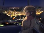  1girl bangs black_hair blue_eyes blush building buttons cable_car city_lights cityscape coat commentary_request double-breasted long_hair maku_ro mountainous_horizon night original parted_lips scenery sidelocks sitting skyline skyscraper solo winter_clothes winter_coat 