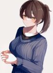  1girl alternate_costume blue_sweater brown_eyes brown_hair expressionless gradient gradient_background highres kaga_(kancolle) kantai_collection long_hair own_hands_clasped own_hands_together ranran_3939 ribbed_sweater side_ponytail solo sweater upper_body white_background 