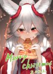  1girl animal_ear_fluff animal_ears bangs closed_mouth commentary_request dress eating food fox_ears fur-trimmed_dress fur-trimmed_sleeves fur_trim grey_hair hair_between_eyes highres holding holding_food long_hair long_sleeves looking_at_viewer merry_christmas original pizza pizza_slice ponytail red_dress red_eyes smile solo upper_body wide_sleeves yuuji_(yukimimi) 