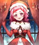  1girl curtains dress elbow_gloves gloves hat highres hugtto!_precure jewelry long_hair merry_christmas muginome_(bakuga_chan2) necklace nono_hana open_mouth pink_eyes pink_hair precure red_dress red_gloves santa_hat short_bangs smile snowing solo thick_eyebrows 
