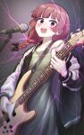  1girl bangs bass_guitar black_bow black_jacket blunt_bangs blush bocchi_the_rock! bow braid collarbone dress green_dress greenteamousou hair_bow highres hiroi_kikuri holding holding_instrument instrument jacket long_hair long_sleeves looking_at_viewer microphone multicolored_clothes multicolored_jacket music open_clothes open_jacket open_mouth playing_instrument purple_hair sharp_teeth single_braid smile solo strap_slip teeth two-tone_jacket violet_eyes white_jacket 