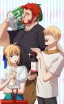  1girl 2boys :d :o alternate_costume alternate_hairstyle artoria_pendragon_(fate) beard black_shirt blonde_hair bottle carrying_over_shoulder casual contemporary facial_hair fate/zero fate_(series) feet_out_of_frame gilgamesh_(fate) halorane height_difference highres holding iskandar_(fate) korean_commentary large_pectorals looking_at_another multiple_boys muscular muscular_male official_alternate_costume open_mouth pectorals red_eyes redhead shirt shopping shopping_cart skinny smile smug wine_bottle 